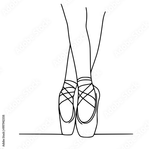 Line drawing of crossed legs of ballerina in pointe shoes, close up, single line outline vector drawing