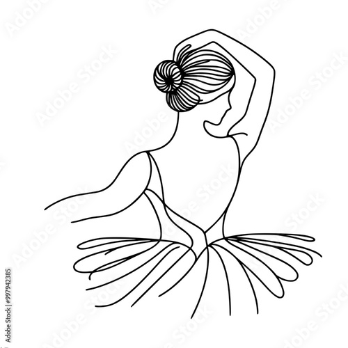 Minimalistic simple vector drawing of a ballerina in a tutu, standing with her back half-turned, adjusting her hair with one hand, made with black lines on a white background