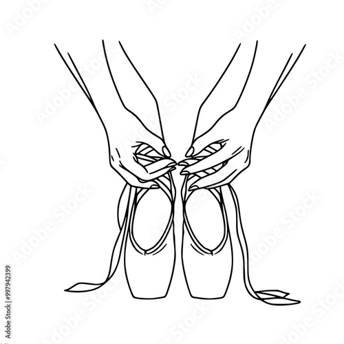 Line drawing of feet and hands of ballerina tying pointe shoes, close up, single line outline vector drawing