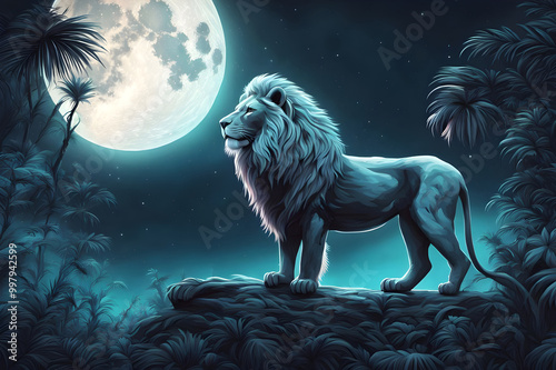  illustration of a lion on the jungle in front of a full moon ai generated