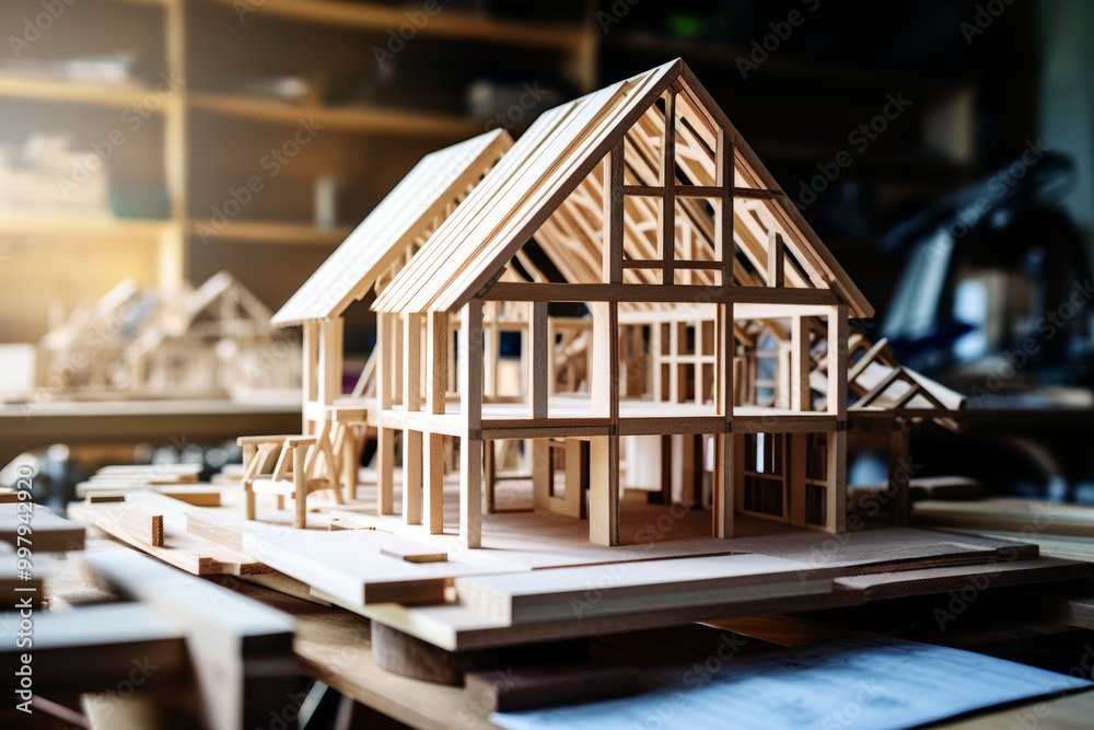 wooden house frame scale model on the table. timber framing wooden house frame scale model on the table. timber framing