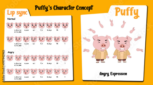 An angry pig cartoon character AKA Puffy. Little piggy cartoon vector. Angry face expressions and lip sync. Set of cute piggy with various hand gesture and front and 1/3 standing pose.