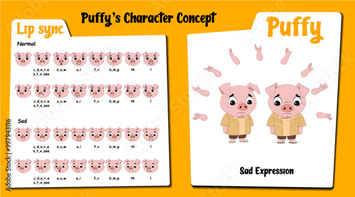 A sad pig cartoon character AKA Puffy. Little piggy cartoon vector. Sad face expressions and lip sync. Set of cute piggy with various hand gesture and front and 1/3 standing pose.