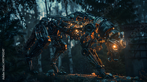 Concept robotic hybrid mechanical metal lion with a unique background. photo