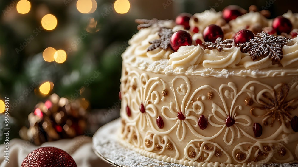 A richly decorated Christmas cake with intricate icing patterns