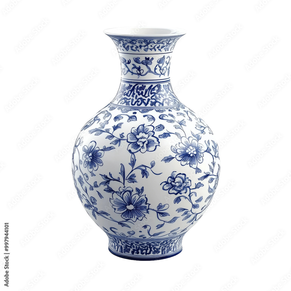 Elegant blue and white porcelain vase with floral designs displayed on a transparent background
