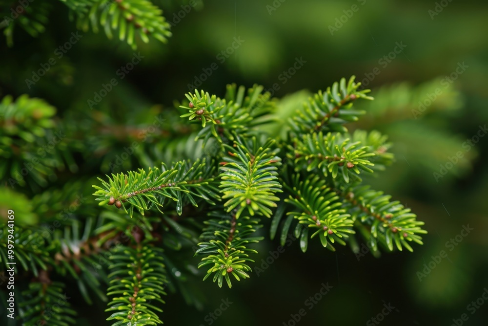 A close up of a green pine tree branch with green leaves A close up of a green pine tree branch with green leaves
