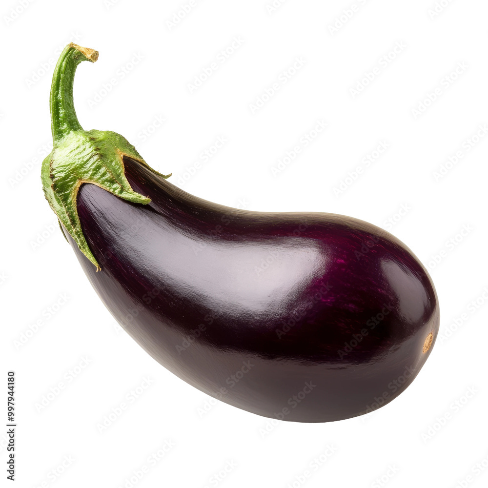 Freshly harvested eggplant with a glossy purple exterior on a transparent background for culinary use and recipes