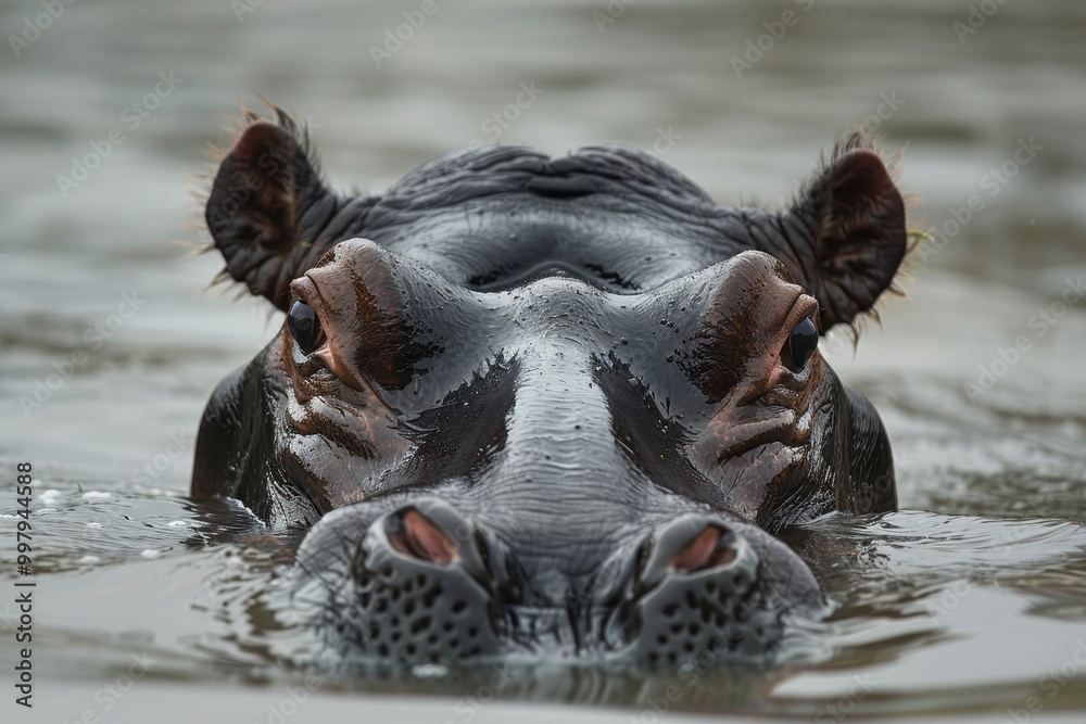 Fototapeta premium A hippo is swimming in the water with its head above the surface