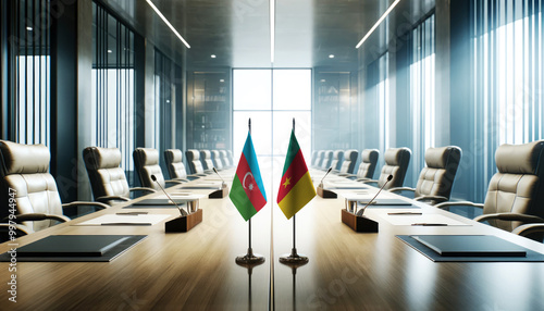 A modern conference room with Azerbaijan and Cameroon flags on a long table, symbolizing a bilateral meeting or diplomatic discussions between the two nations. photo