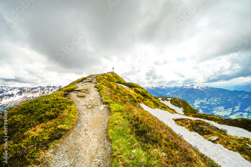 Landscape at the Wiedersberger Horn in the Alpbachtal. View of nature and the mountains and the Zillertal Alps near Alpbach in Austria.
 photo