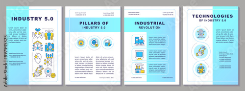 Industry 5.0 blue gradient brochure template. Leaflet design with linear icons. Editable 4 vector layouts for presentation, annual reports. Arial-Black, Myriad Pro-Regular fonts used
