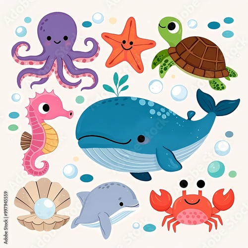 Cute cartoon marine animals of 9 different species, including octopus, starfish, seahorse, turtle, whale, squid, crab, shell, dolphin, with a white background and simple illustration style for childre