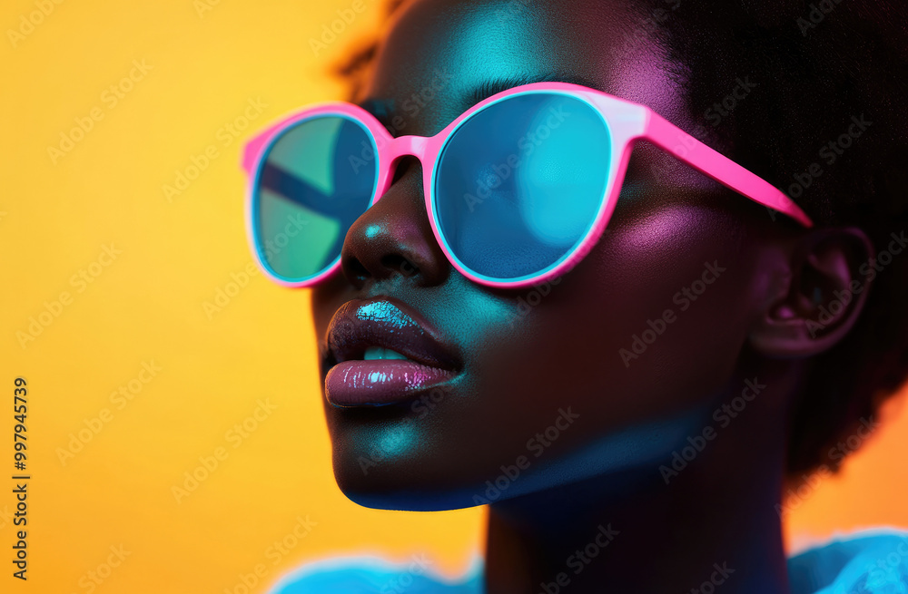 An African woman wearing colorful, fashionable sunglasses stands against a vibrant pink background An African woman wearing colorful, fashionable sunglasses stands against a vibrant pink background