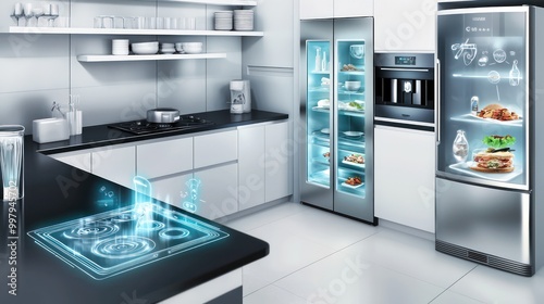 A chic kitchen with smart appliances that are controlled via smartphone, including a fridge that suggests recipes based on contents