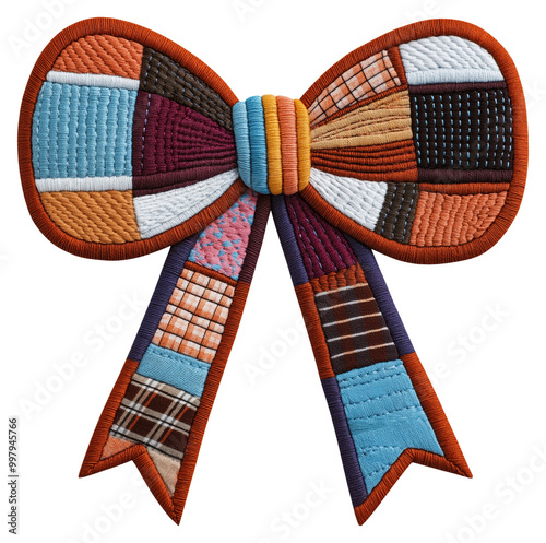 Colorful patchwork bow with intricate stitching isolated on transparent background.