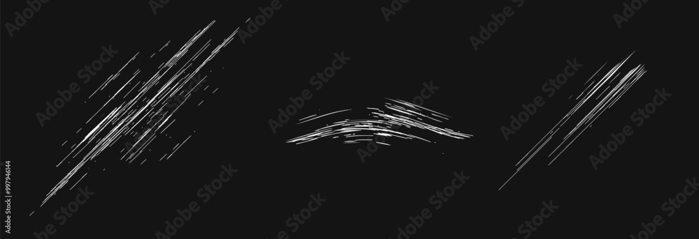 Abrasion scratch graze texture icon element vector graphic illustration set, attrition metal scrape isolated cut out image clip art, dirty distress grunge white black scrawl sketch effect
