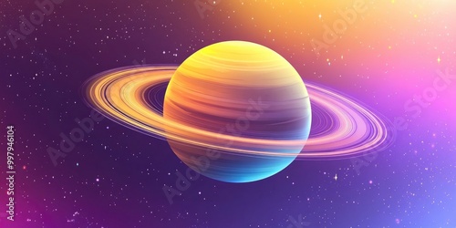 A future space backdrop of warm yellow and purple surrounds Saturn in space.