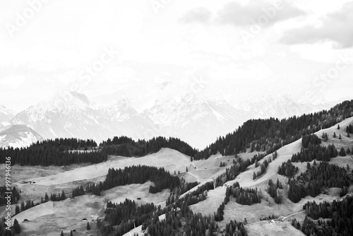 Landscape at the Wiedersberger Horn in the Alpbachtal. View of nature and the mountains and the Zillertal Alps near Alpbach in Austria.
 photo