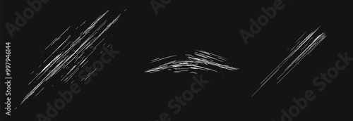 Abrasion scratch graze texture icon element vector graphic illustration set, attrition metal scrape isolated cut out image clip art, dirty distress grunge white black scrawl sketch effect
