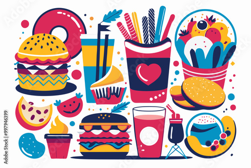 Vibrant Fast Food Feast Illustration with Colorful Snack Icons