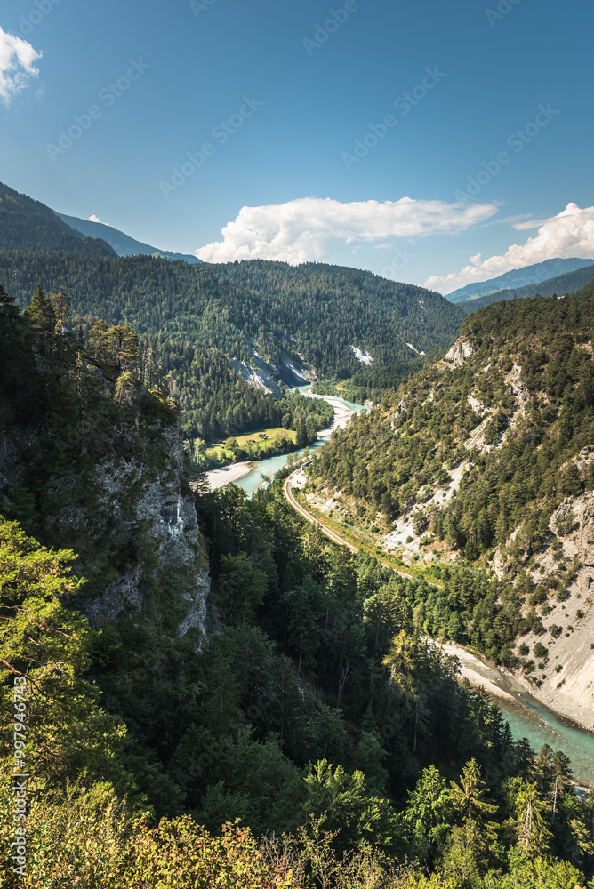 View into the Rhine Gorge, Ruinaulta, viewpoint between Reichenau and Ilanz, Anterior Rhine, Vorderrhein, Bonaduz, Canton of Grisons, Switzerland View into the Rhine Gorge, Ruinaulta, viewpoint between Reichenau and Ilanz, Anterior Rhine, Vorderrhein, Bonaduz, Canton of Grisons, Switzerland
