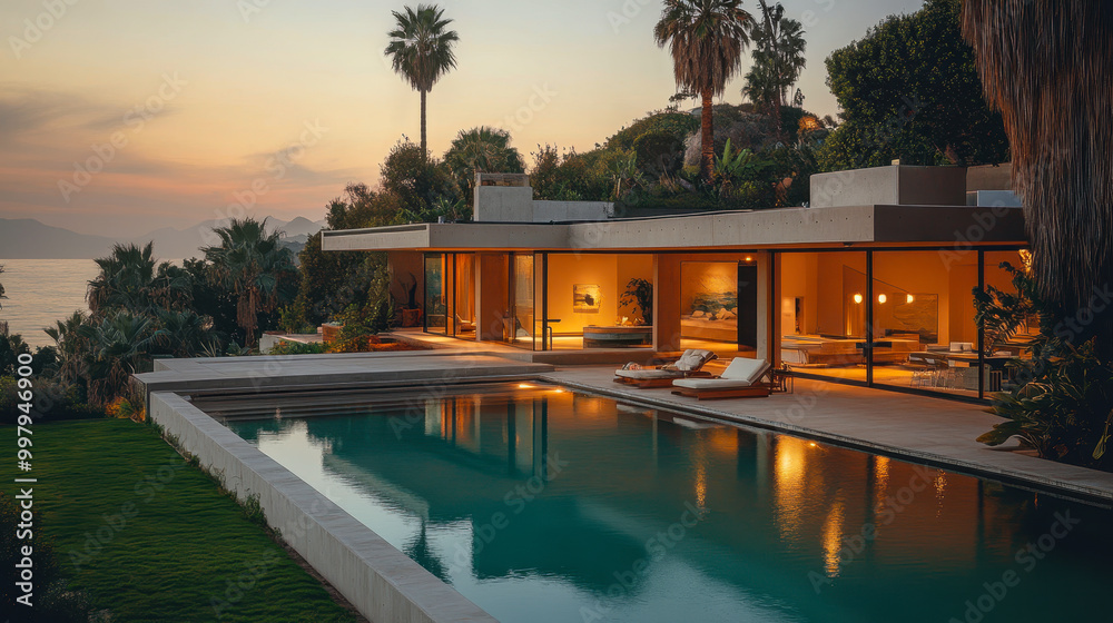 Fototapeta premium Stylish California Living: Modern Luxury Home with Pool, Palm Trees, and Ocean at Sunset