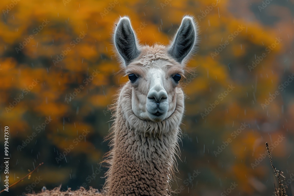 Obraz premium A llama is standing in the rain with its head held high