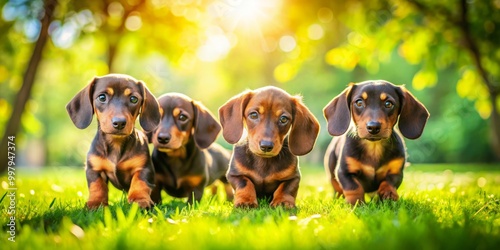 Wiggly dachshund puppies romp through a sunny green park, their playful energy sparkling against the vibrant blue sky,