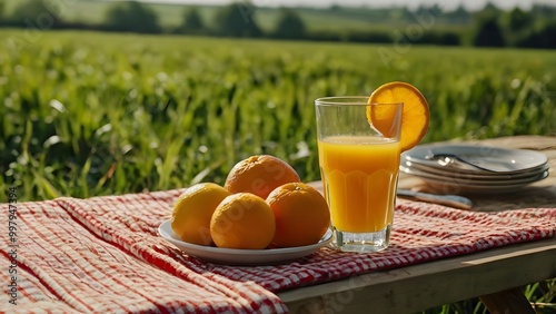 A cup of freshly made orange juice with a slice of fresh orange as finishing, sitting on a picnic cloth in a nice sunny and good weather day