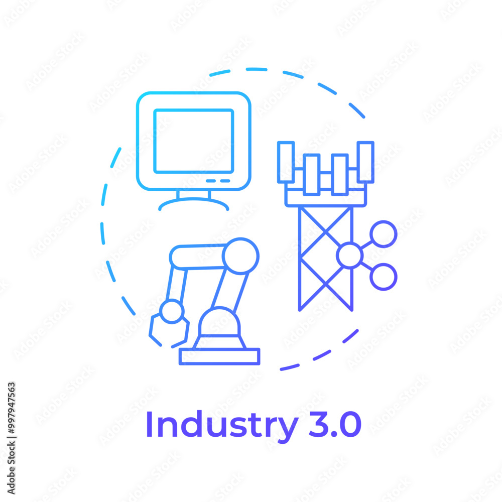 Industry 3.0 blue gradient concept icon. Third industrial revolution. Digital transformation. Computers. Round shape line illustration. Abstract idea. Graphic design. Easy to use in article Industry 3.0 blue gradient concept icon. Third industrial revolution. Digital transformation. Computers. Round shape line illustration. Abstract idea. Graphic design. Easy to use in article