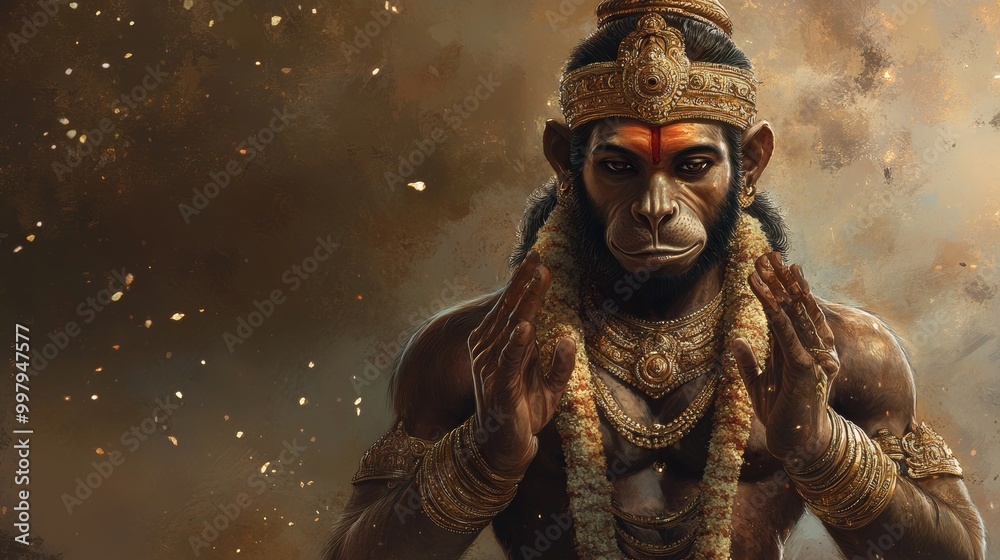 A majestic figure resembling a monkey deity adorned with gold jewelry and intricate details, set against a mystical background. A majestic figure resembling a monkey deity adorned with gold jewelry and intricate details, set against a mystical background.