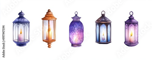 A collection of five decorative lanterns with candles, showcasing various colors and designs, creating a warm, inviting ambiance.