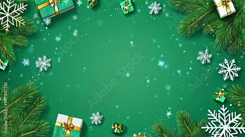Green Christmas Background with Gifts and Snowflakes