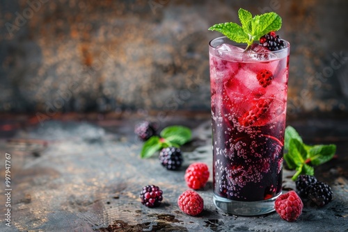 Mulberry mojito with mulberries and mint, served in a tall glass, rustic background, copy space