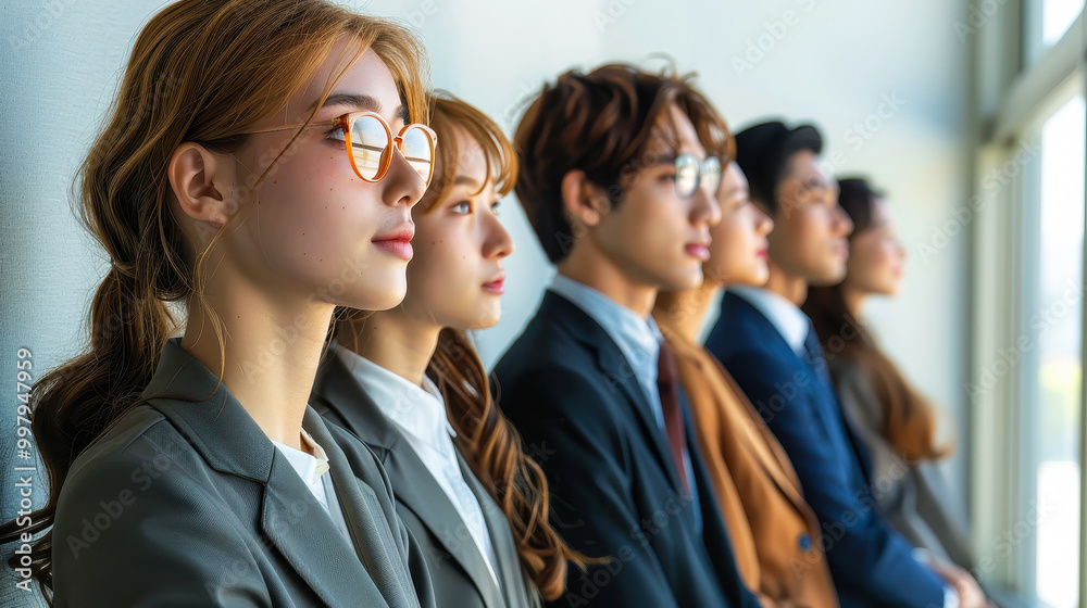Diverse Business Team in Formal Wear Standing in a Line by Office Window Focused on Future Leadership Corporate Success Morning Light Diverse Business Team in Formal Wear Standing in a Line by Office Window Focused on Future Leadership Corporate Success Morning Light