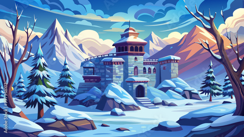 old palace winter landscape, vector cartoon illustration , rock and blue sky, snow landscape background