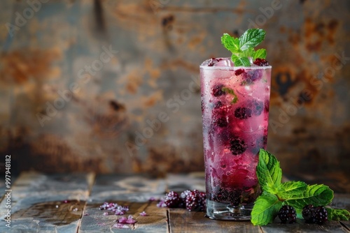 Mulberry mojito with mulberries and mint, served in a tall glass, rustic background, copy space