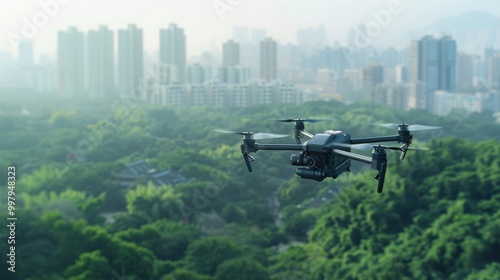 Drone Soaring Above Cityscape: A black drone with a camera flies over a lush green forest, capturing a breathtaking panorama of a modern city with towering skyscrapers in the background.
