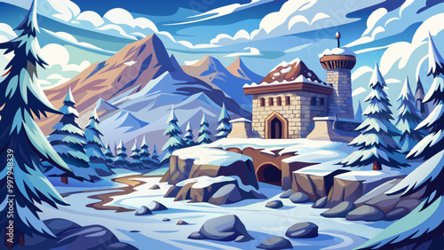 old palace winter landscape, vector cartoon illustration , rock and blue sky, snow landscape background