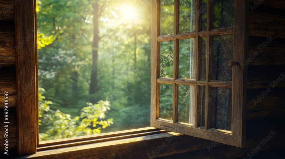 A serene cabin window view showcasing lush green trees illuminated by warm sunlight, inviting nature into the cozy interior. A serene cabin window view showcasing lush green trees illuminated by warm sunlight, inviting nature into the cozy interior.