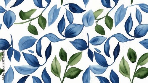 Wallpaper Mural A vibrant pattern of blue and green leaves on a white background creates a fresh and lively botanical design. Torontodigital.ca
