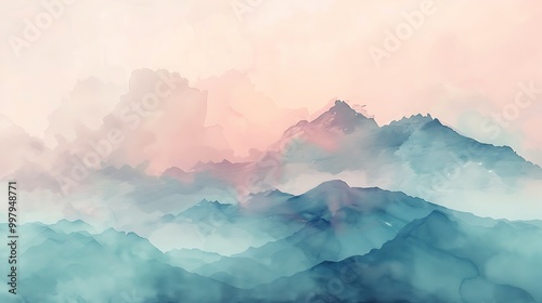 A dreamy watercolor painting of a mountain landscape with soft, flowing colors and misty clouds drifting over the peaks, evoking a sense of peace. 8k UHD, suitable for high-quality printing 