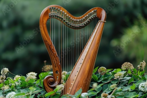 A harp is sitting on a bush with green leaves photo