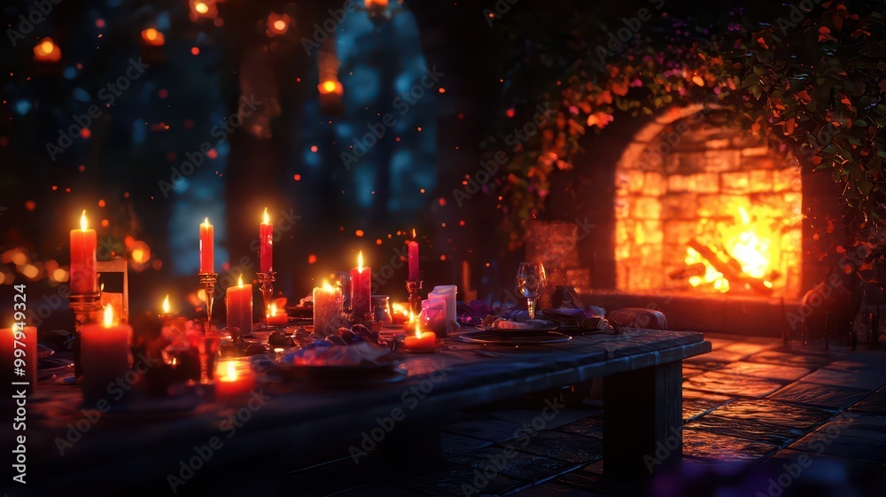A cozy, candle-lit scene featuring a festive table and a warm fireplace, creating an inviting atmosphere filled with soft glow and rich textures. A cozy, candle-lit scene featuring a festive table and a warm fireplace, creating an inviting atmosphere filled with soft glow and rich textures.