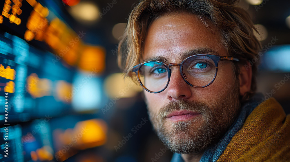 Stylish Male Trader Analyzing Financial Data on Digital Screens in Modern Office, Close-up Portrait, Evening Work, Focused and Confident Stylish Male Trader Analyzing Financial Data on Digital Screens in Modern Office, Close-up Portrait, Evening Work, Focused and Confident
