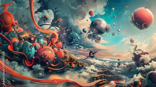A surrealist painting combining unexpected elements like floating objects, abstract shapes, and vivid colors, creating a whimsical and imaginative world. 8k UHD, suitable for high-quality printing 