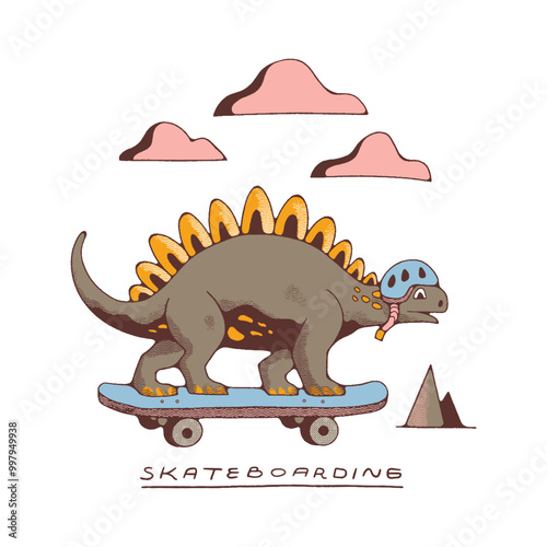 Hand-Drawn Dinosaurs Ride Skateboard Isolated Vector Illustration