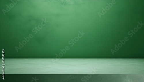 Studio with podium for product presentation. Empty floor and green wall with stand. 3D room with gradient background. Countertop with concrete or marble texture