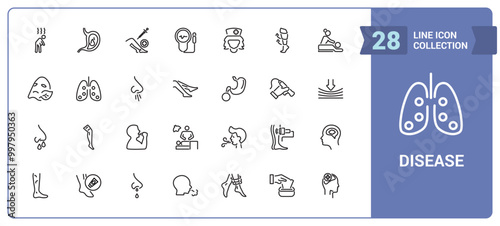 Disease line icon set. Medicine and health line icons. Medicine, doctor, dentistry, allergy, illness, health and more. Linear icon collection. Vector illustration.